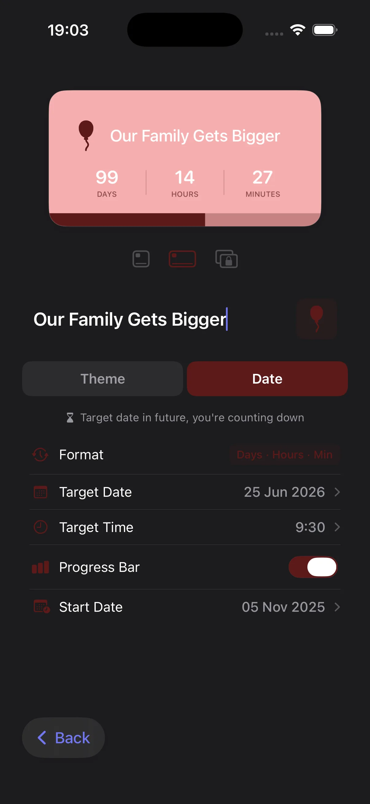CountFree date and settings configuration screen