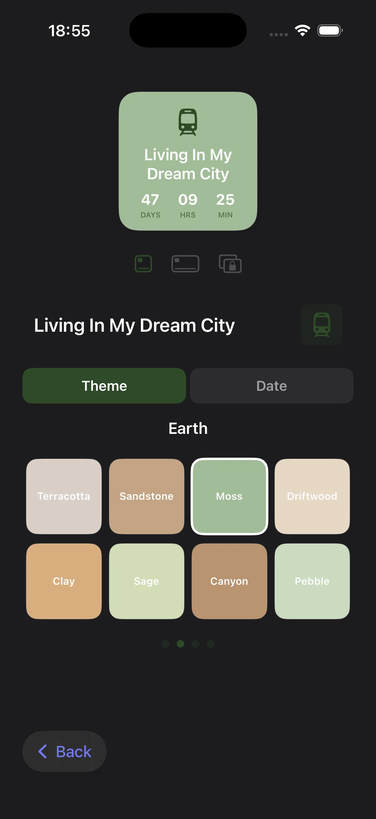 CountFree Earth theme — Moss color selected